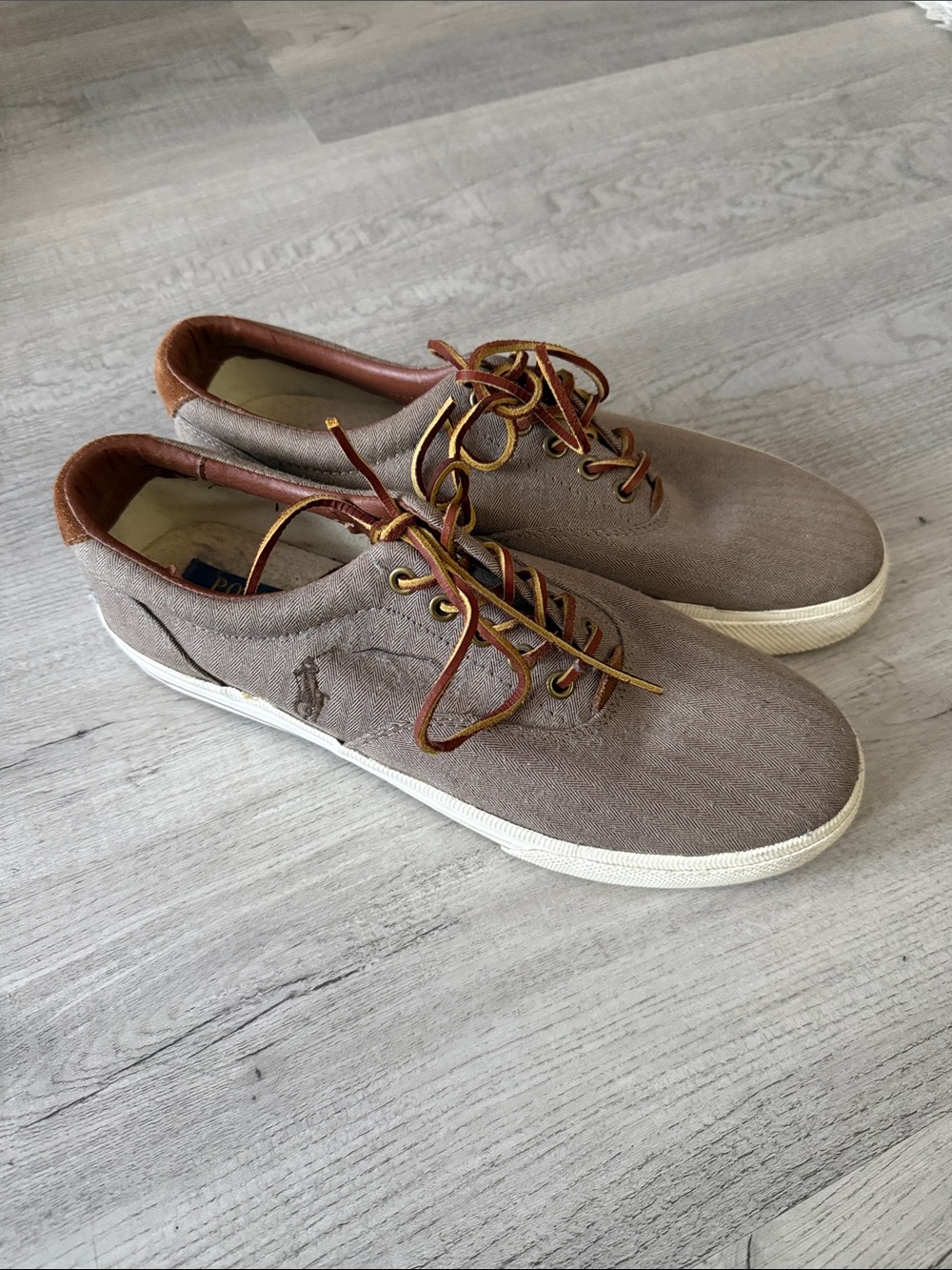Polo by Ralph Lauren Taupe Canvas Low-Top Sneakers with Brown Trim Size 10
